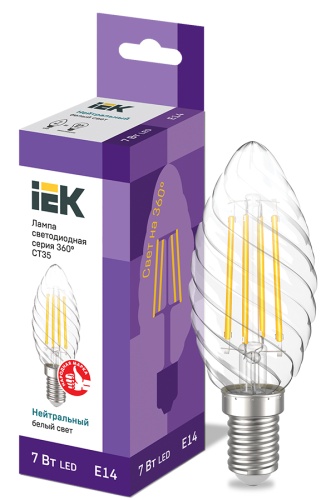 Лампа светодиодная CT35 свеча витая прозрачная 7Вт 230В 4000К E14 серия 360° | код LLF-CT35-7-230-40-E14-CL | IEK